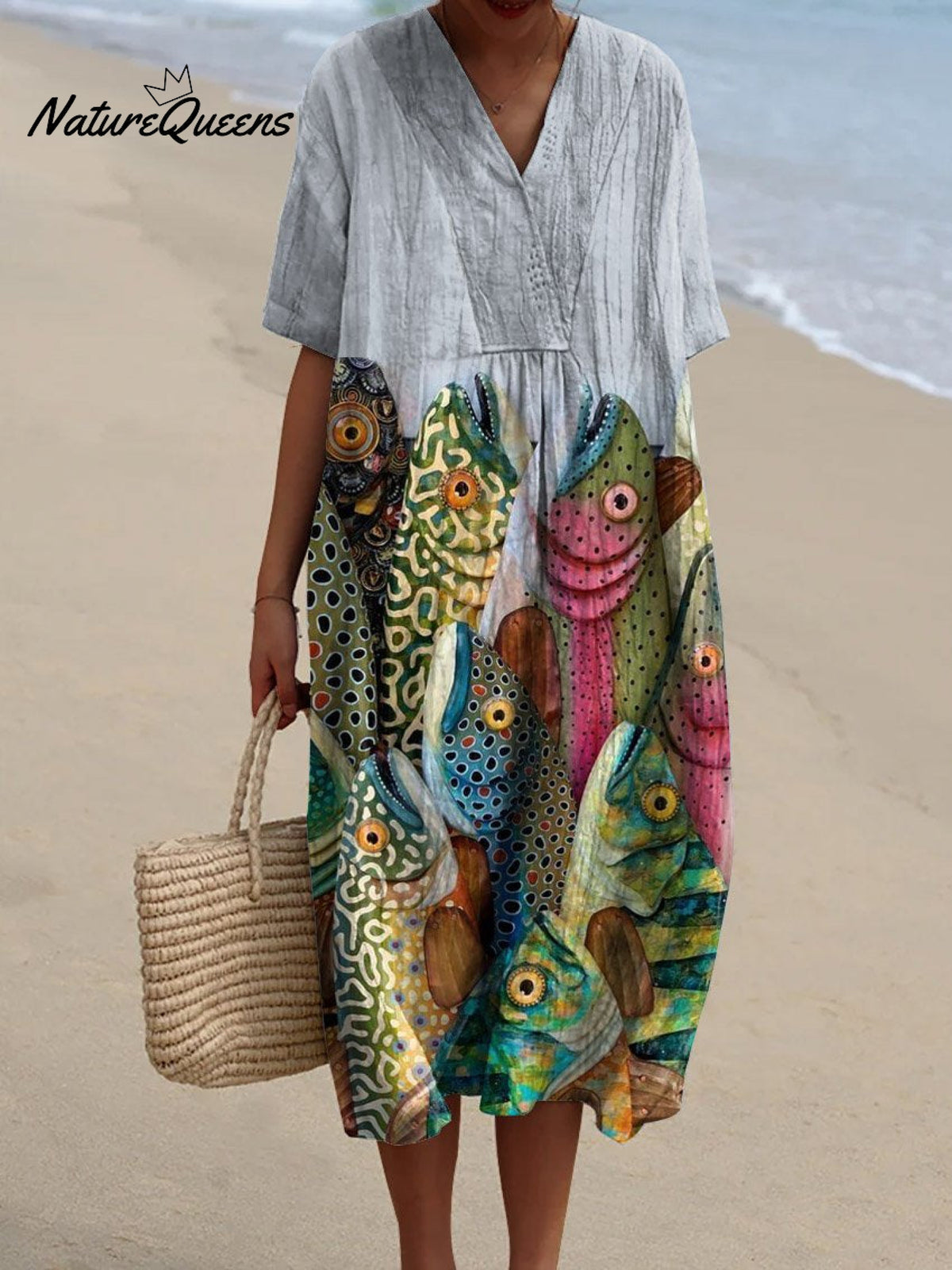 Women's Vintage Fish Art Print Flowy Dress