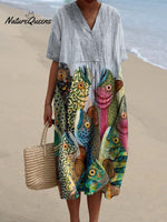 Women's Vintage Fish Art Print Flowy Dress