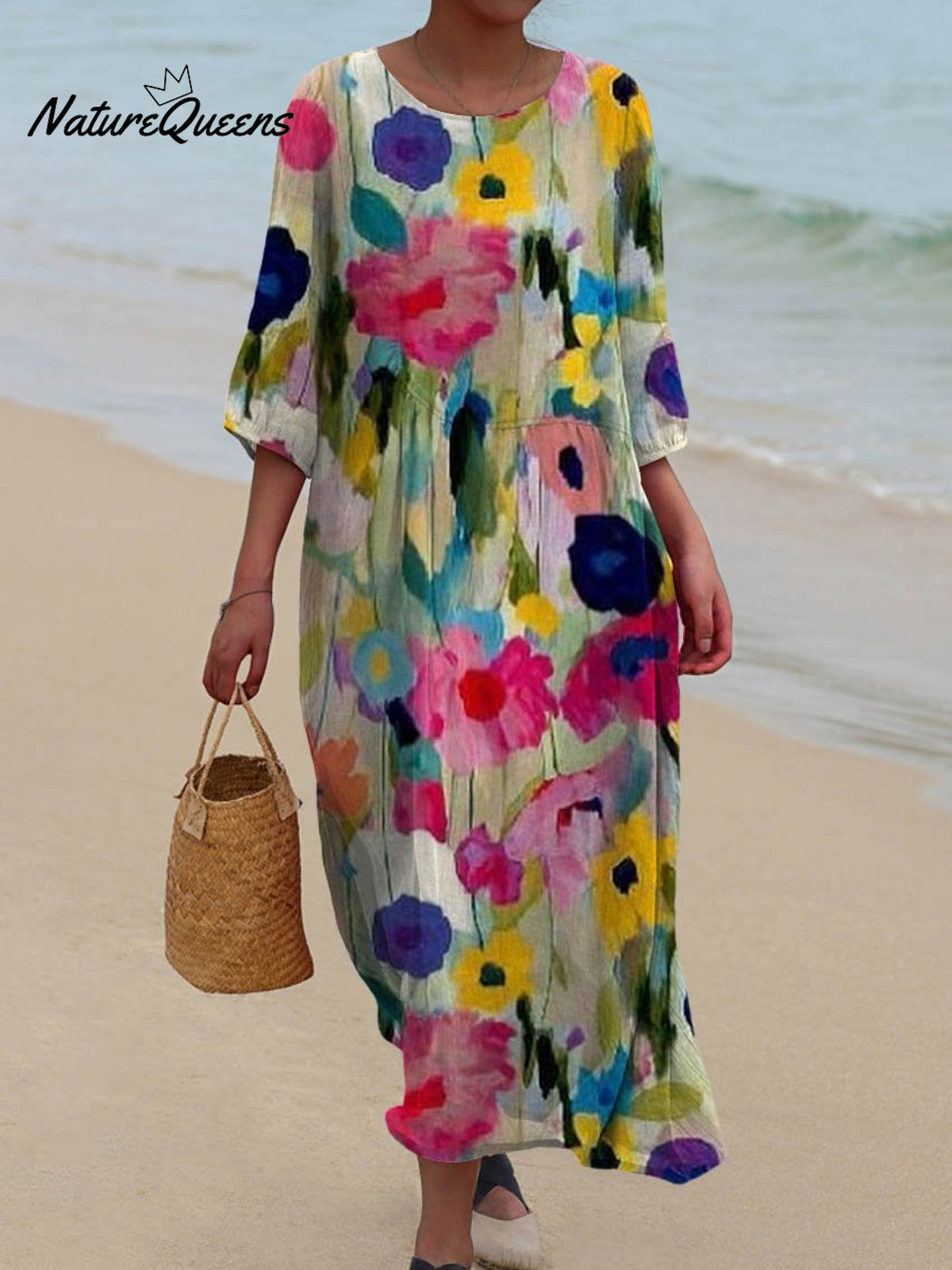 Women's Vintage Floral Art Print Pocket Cotton Dress