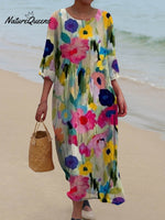 Women's Vintage Floral Art Print Pocket Cotton Dress