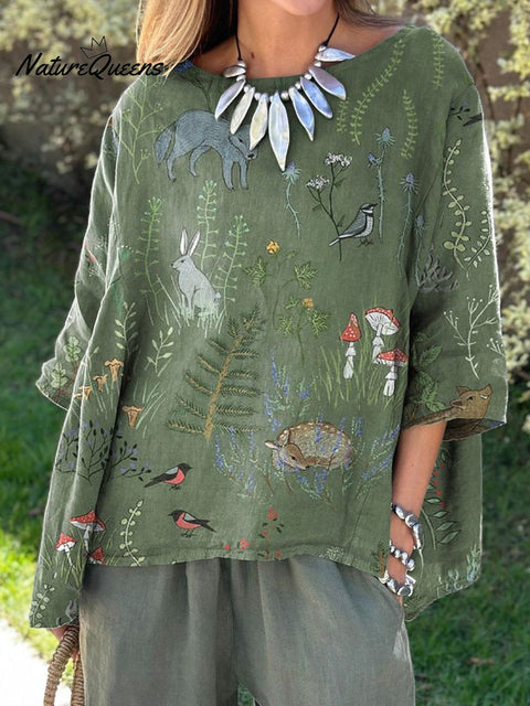 Woodland And Animals Pattern Printed Women’s Linen Pocket Skirt Top / S