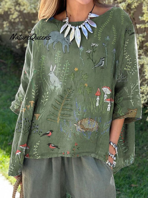 Woodland And Animals Repeat Pattern Printed Women’s Casual Cotton Linen Shirt Green / S