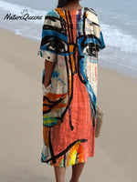 Women's Vintage Funny Abstract Figure Art Print Flowy Dress