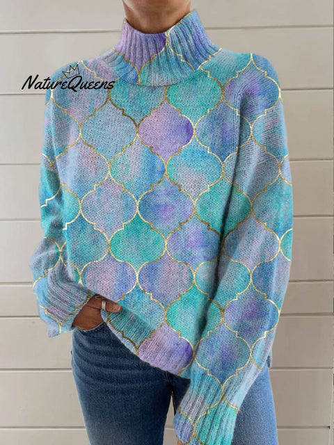 Abstract Geometric Pattern Art Print Knit Turtleneck Pullover Sweater