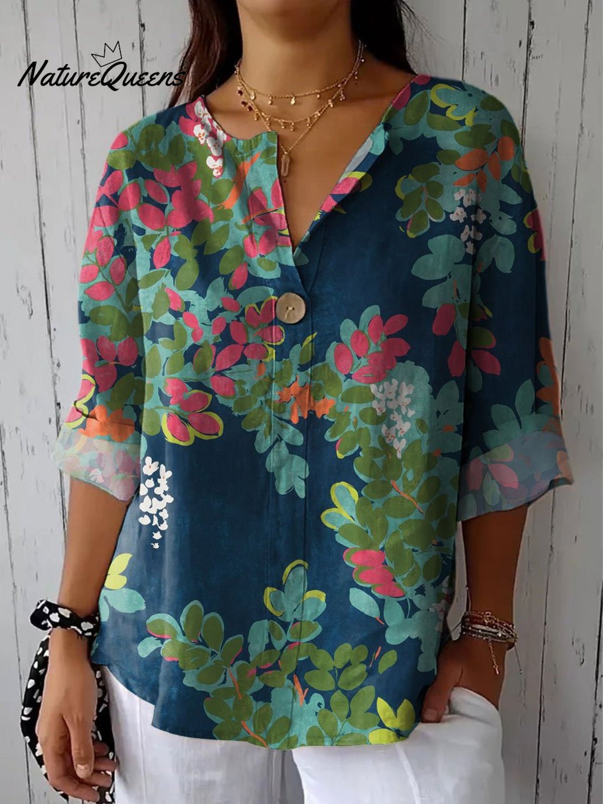 Women's Flower Print Casual Cotton Linen Shirt