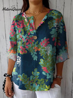 Women's Flower Print Casual Cotton Linen Shirt