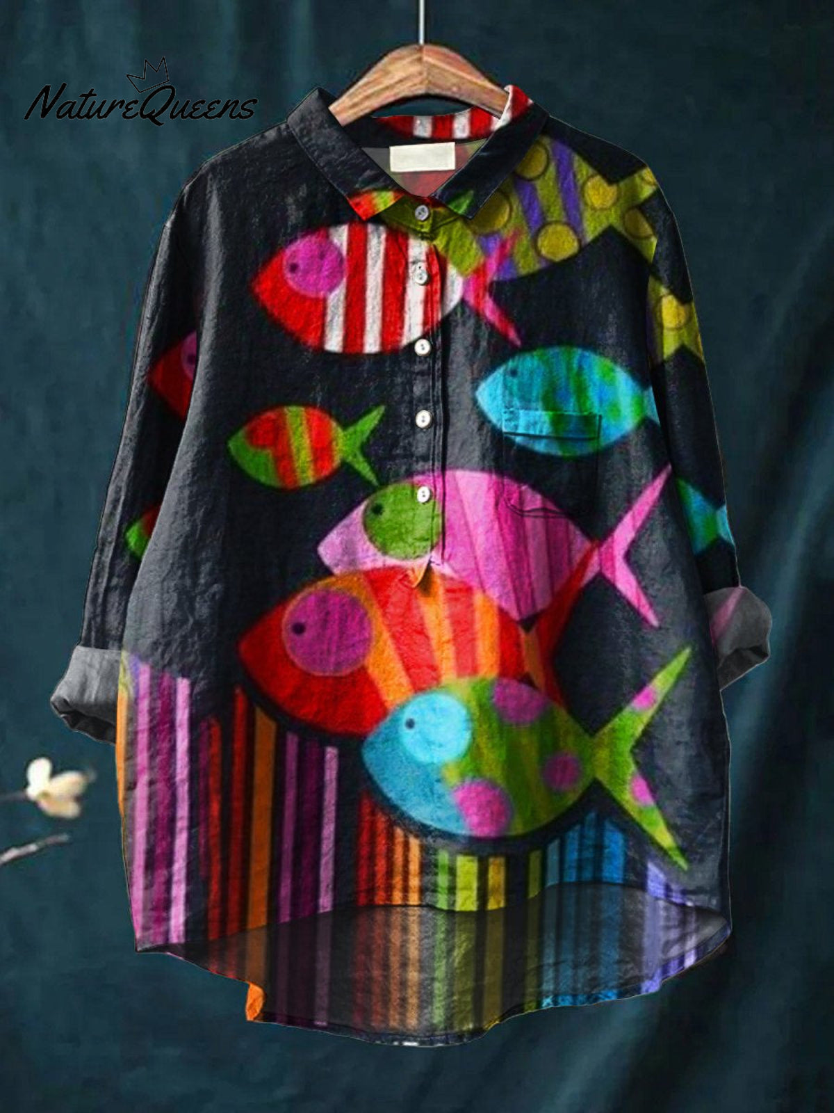 Women's FishArt Print Casual Cotton And Linen Shirt