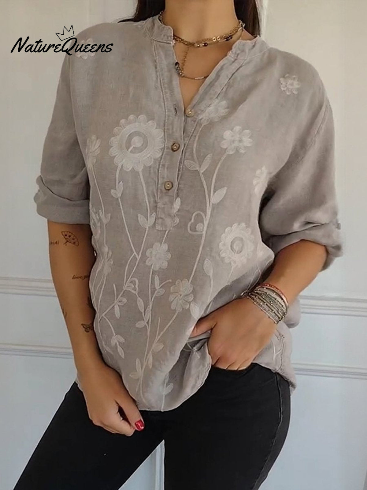 Women's Art Print Casual Cotton And Linen Henry Collar Shirt