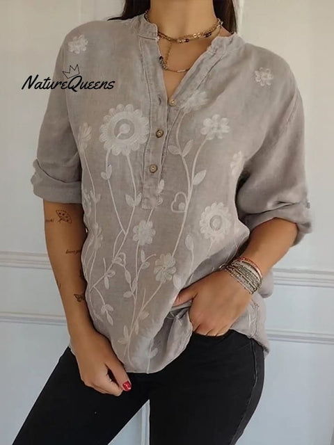 Women's Art Print Casual Cotton And Linen Henry Collar Shirt