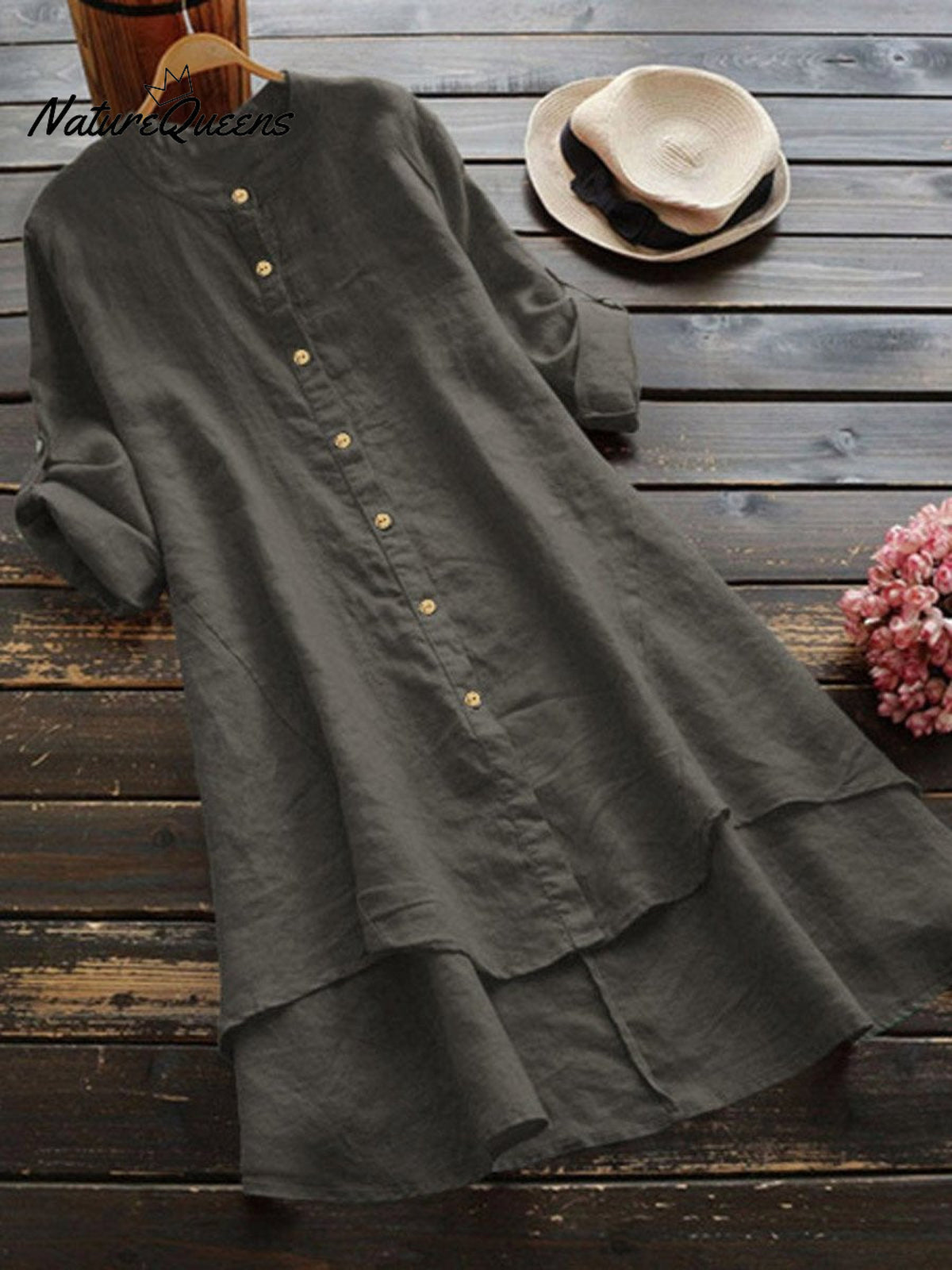 Women's Solid Color Loose Elegant Casual Cotton And Linen Shirt Dress