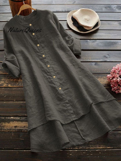 Women's Solid Color Loose Elegant Casual Cotton And Linen Shirt Dress