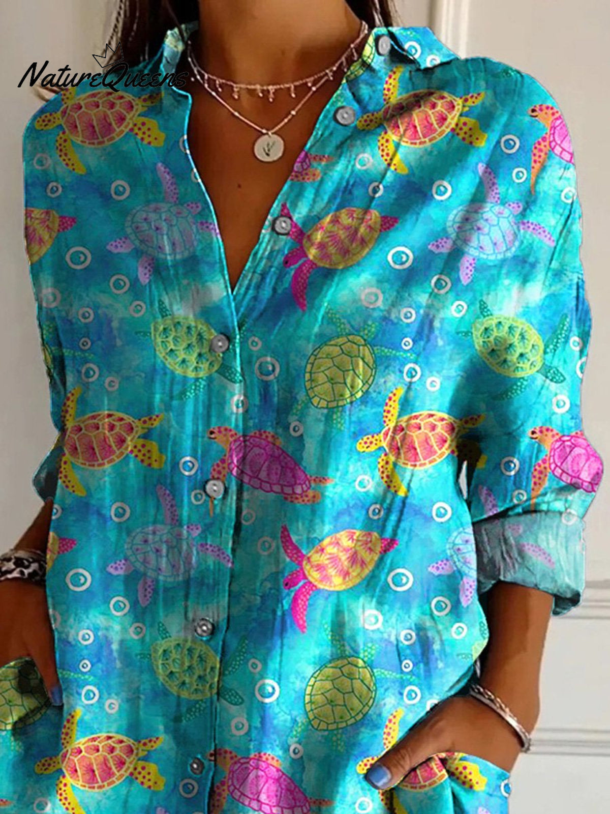 Vibrant Summer Sea Turtle Repeat Pattern Printed Women's Casual Cotton Shirt