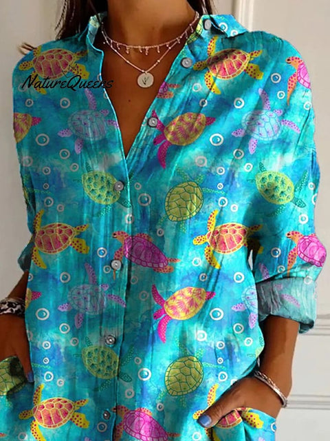 Vibrant Summer Sea Turtle Repeat Pattern Printed Women's Casual Cotton Shirt