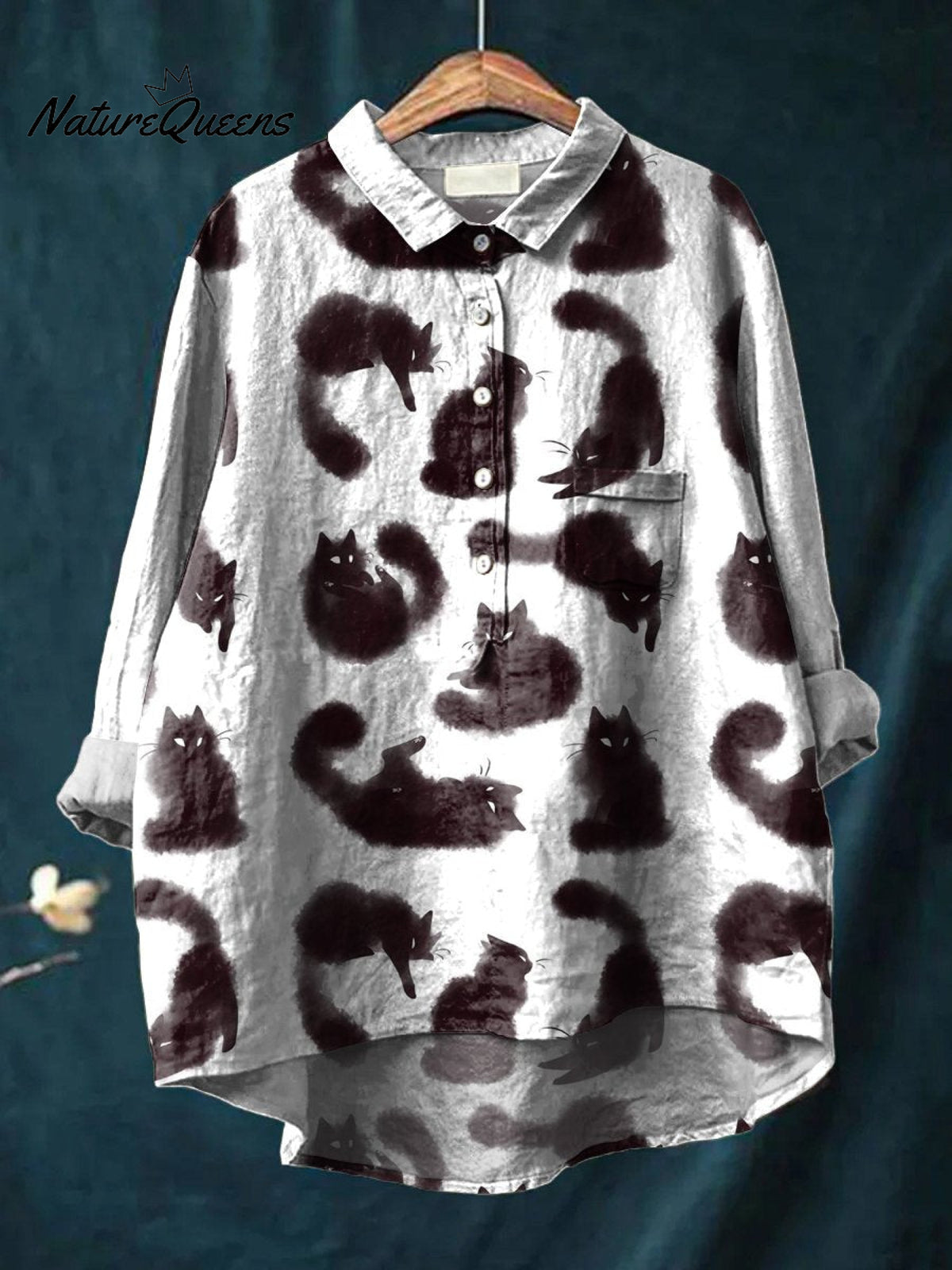 Women's Watercolor Black Cat Animal Art Print Casual Cotton And Linen Shirt