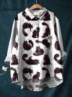 Women's Watercolor Black Cat Animal Art Print Casual Cotton And Linen Shirt