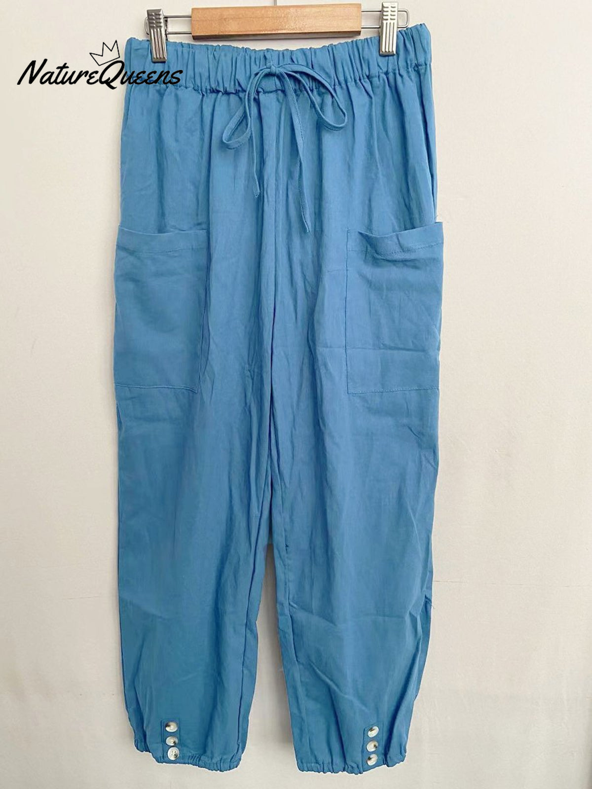High - Waisted Buttoned Cotton And Linen Pants Cropped Denim Blue / S