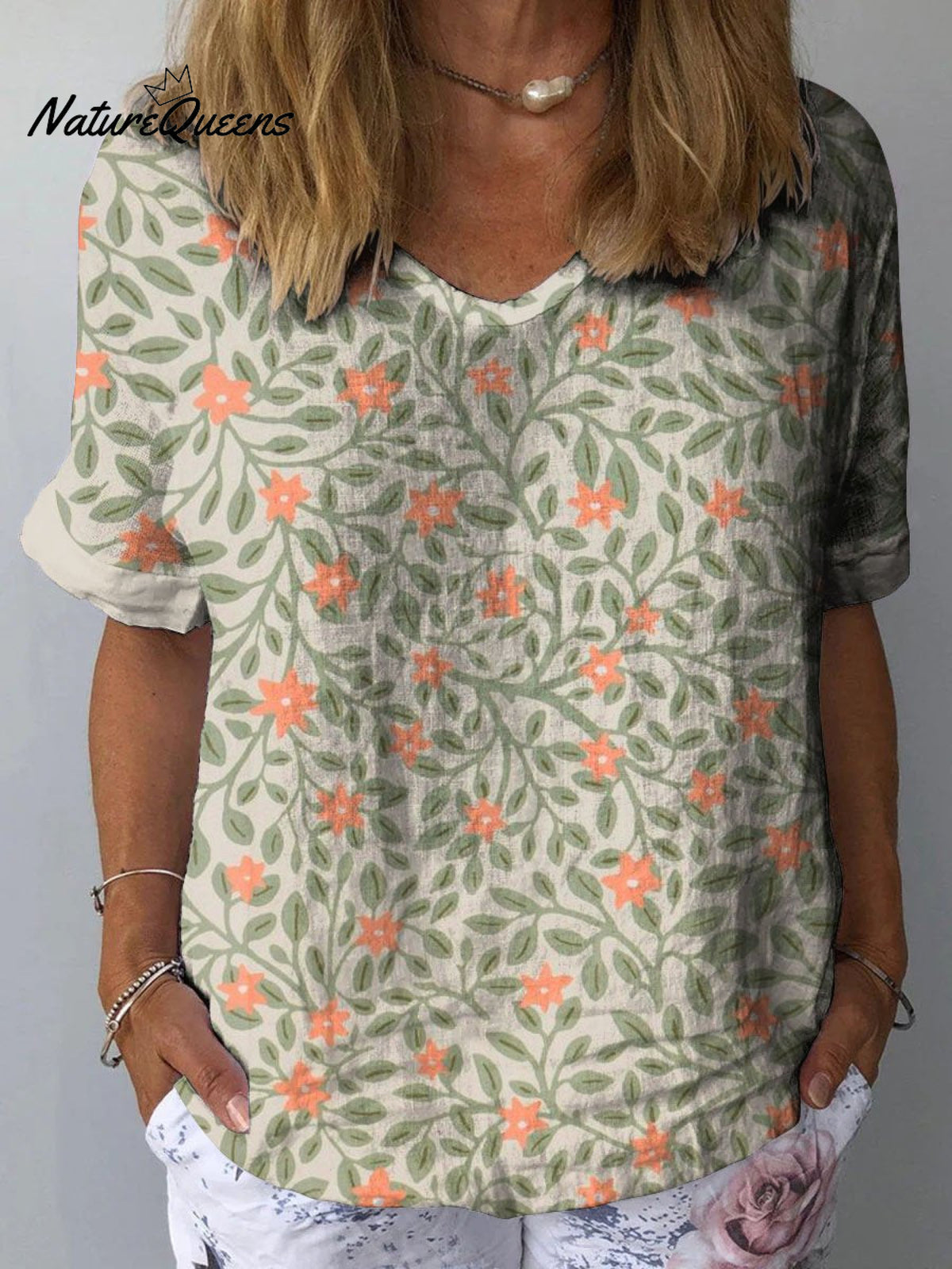 Women’s Lovely Cute Flowers Art Print Casual Cotton And Linen Shirt Multicolor / S