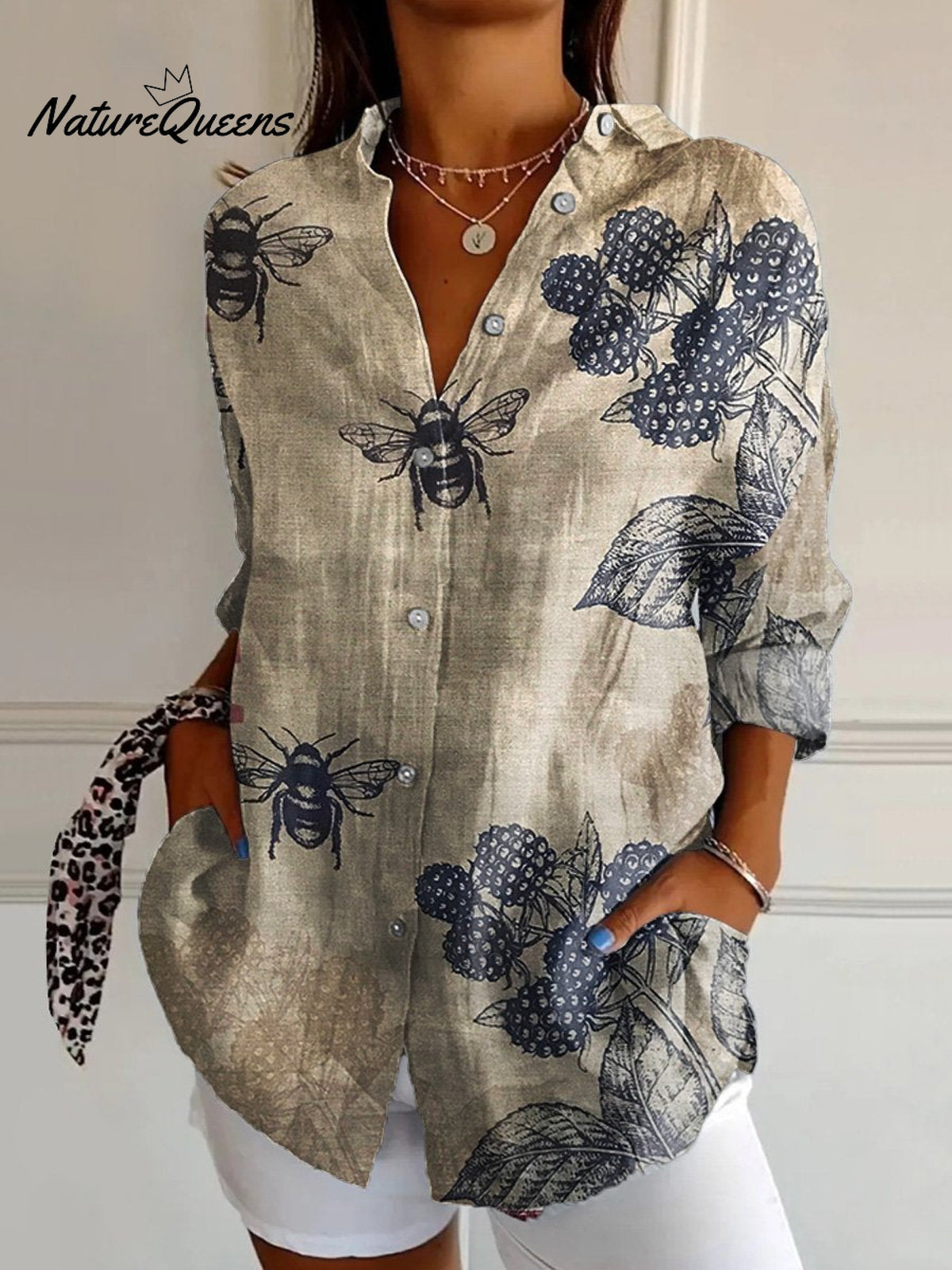 Women's Bee Art Print Casual Cotton Shirt