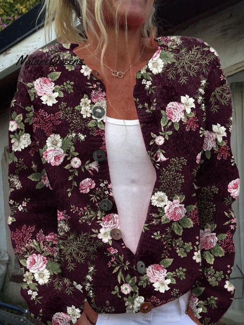 Floral Art Print Buttoned Cardigan Sweater