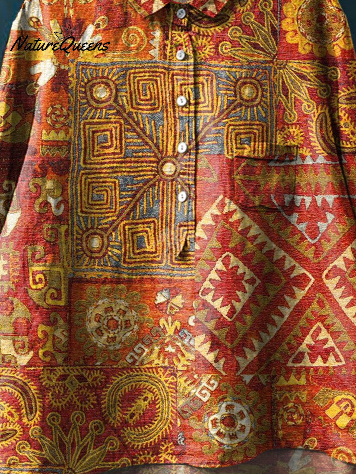 Vintage Ethnic Floral Pattern Art Print Casual Cotton And Linen Shirt