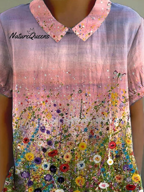 Oil Painting Summer Field Art Printed Women's Casual Cotton And Linen Shirt