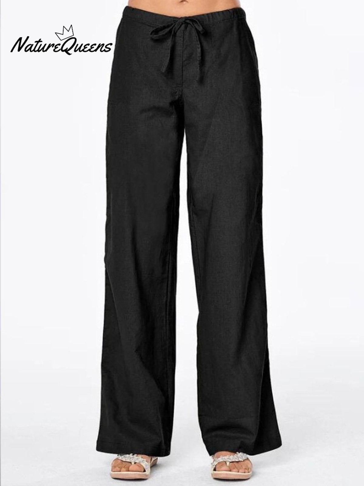 Women’s Solid Colour Tie Casual Wide Leg Linen Pants Black / S
