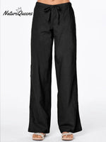 Women’s Solid Colour Tie Casual Wide Leg Linen Pants Black / S