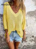 Women's Solid Color Stylish Hollow Long-sleeved V-neck Casual Knitted Top