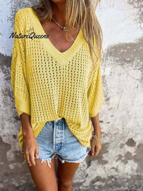 Women's Solid Color Stylish Hollow Long-sleeved V-neck Casual Knitted Top