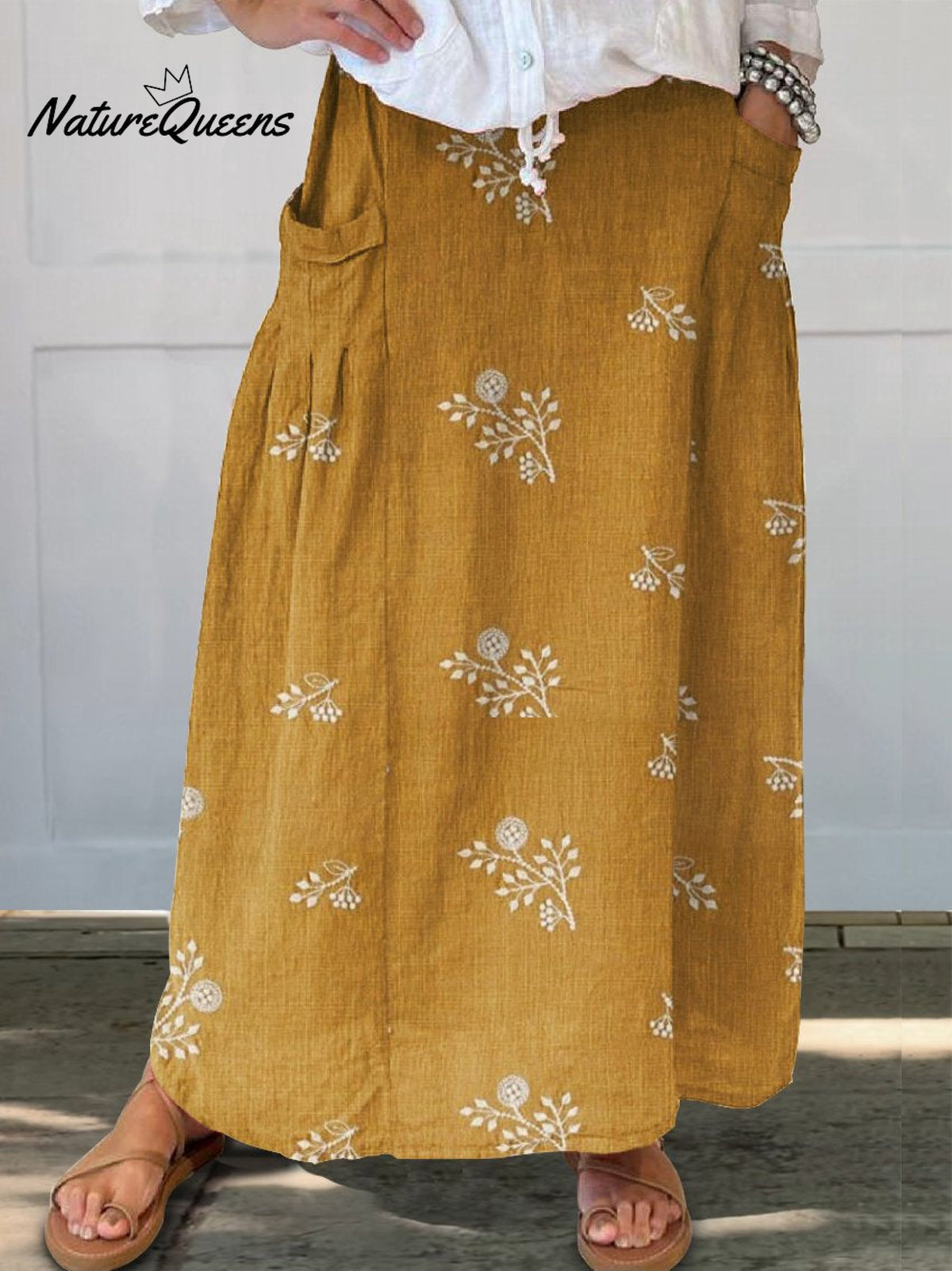 Women’s Flower Art Print Linen Pocket Skirt Multicolor / S