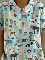 Lovely Puppy Dogs Pattern Printed Women's Casual Cotton And Linen Shirt