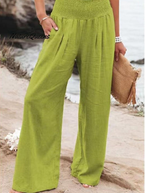 Women’s Cotton And Linen Elasticated Waist - Waisted Wide - Leg Pants Bright Green / S