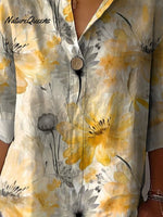 Watercolor Summer Floral Pattern Printed Women's Casual Cotton Linen Shirt