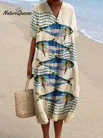 Women's Vintage Fish Sardines Art Print Flowy Dress