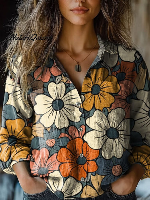 Retro Summer Floral Pattern Printed Women's Casual Long Sleeve Comfortable Cotton Shirt