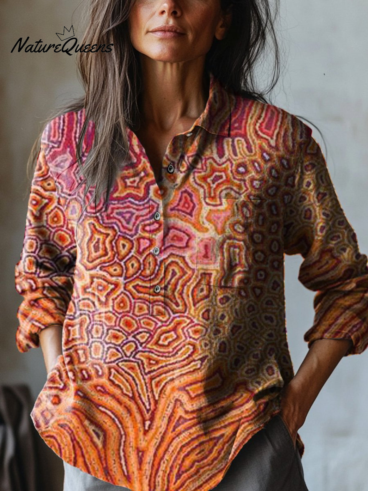Ethnic Tribal Pattern Printed Women's Casual Cotton And Linen Shirt