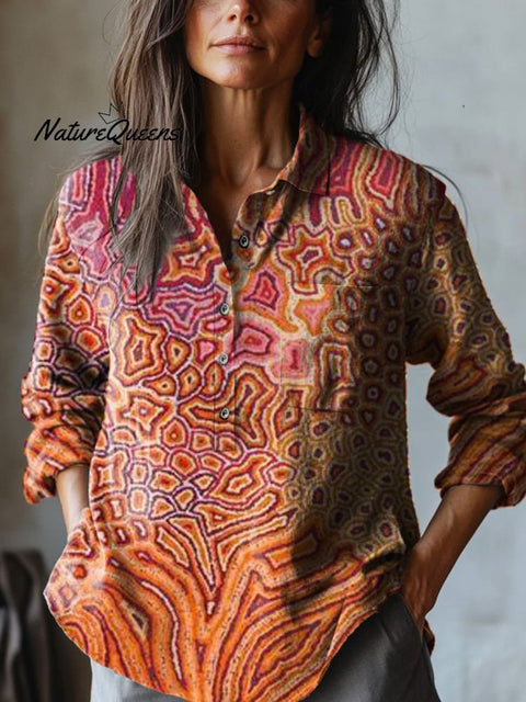 Ethnic Tribal Pattern Printed Women's Casual Cotton And Linen Shirt