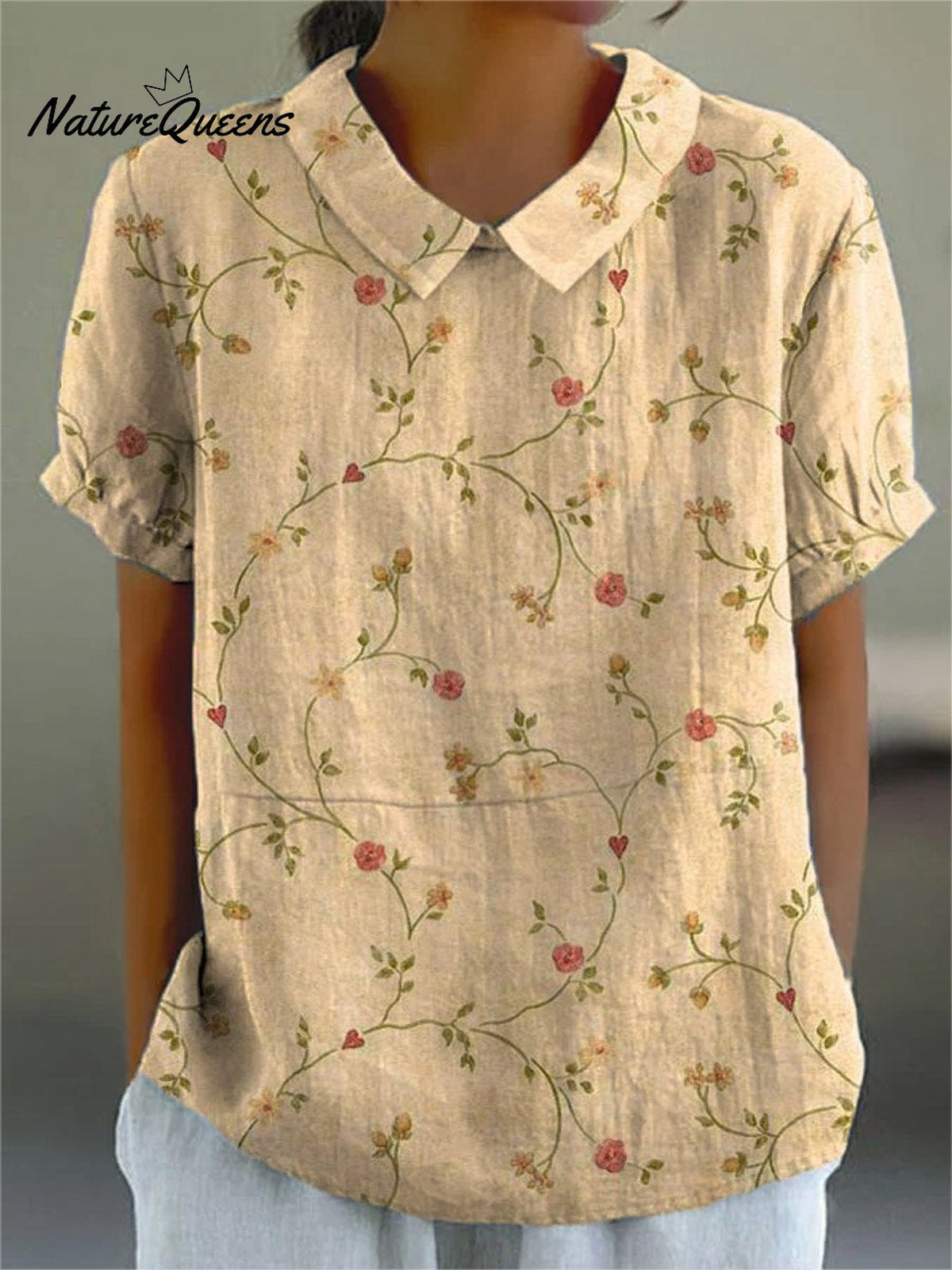 Women’s Retro Floral Art Print Casual Cotton And Linen Shirt Multicolor / S