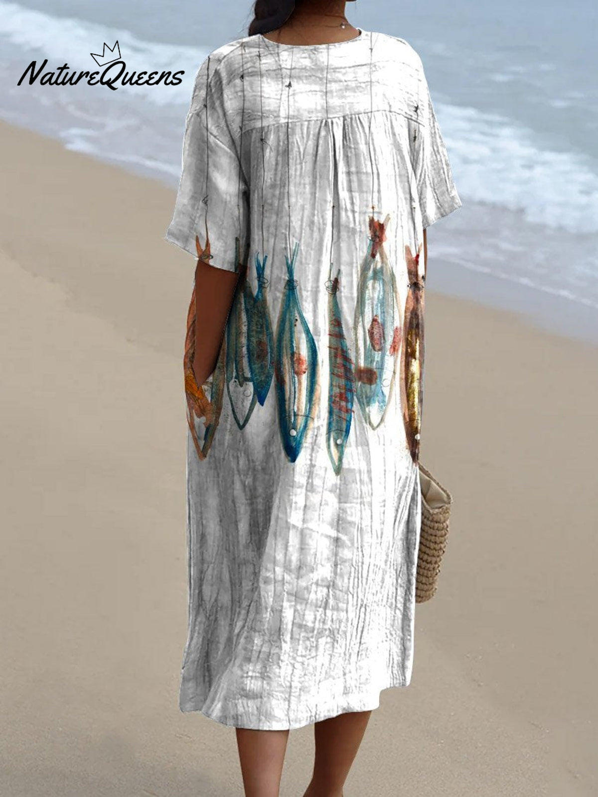 Women's Vintage Lovely Fish Art Print Flowy Dress