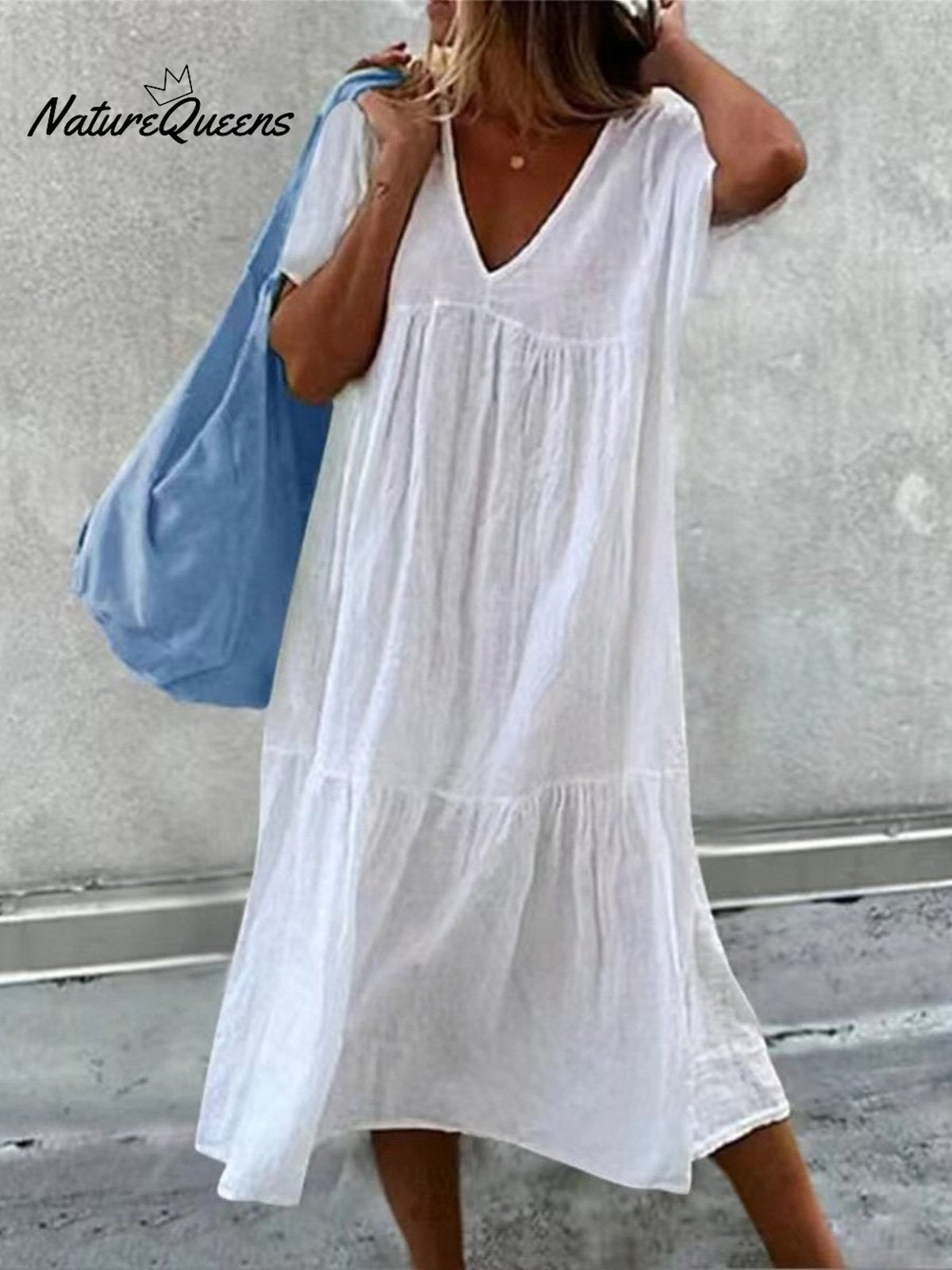 Women's V-Neck Short Sleeve Cotton And Linen Midi Dress