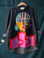 African Tribal Lady Portrait Art Printed Women's Casual Cotton And Linen Shirt