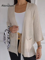 Women's Waffle Grid Texture Nine Quarter Sleeve Casual Cardigan Jacket