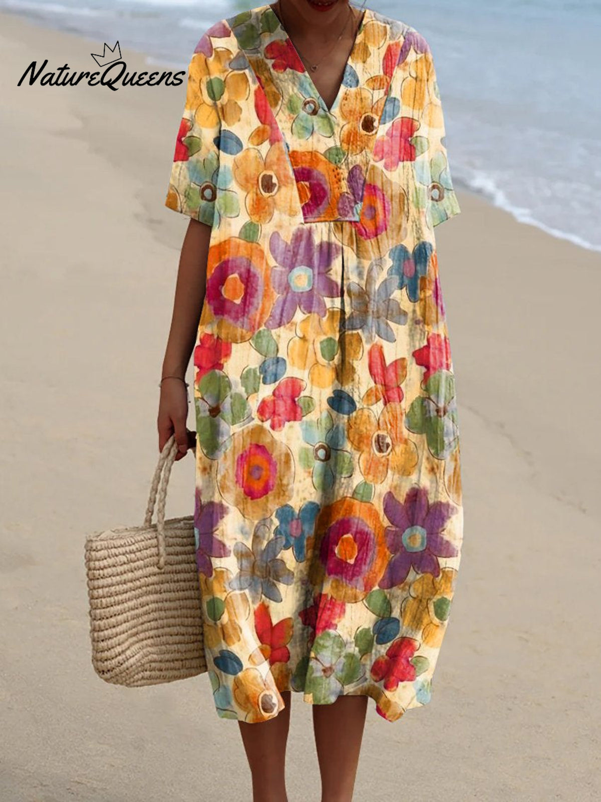 Women's Colorful Hand-painted Floral Print Flowy Dress