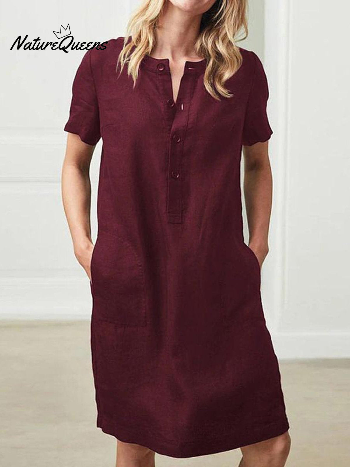 Cotton And Linen Short Sleeve Mid - Length Dresse Burgundy / S