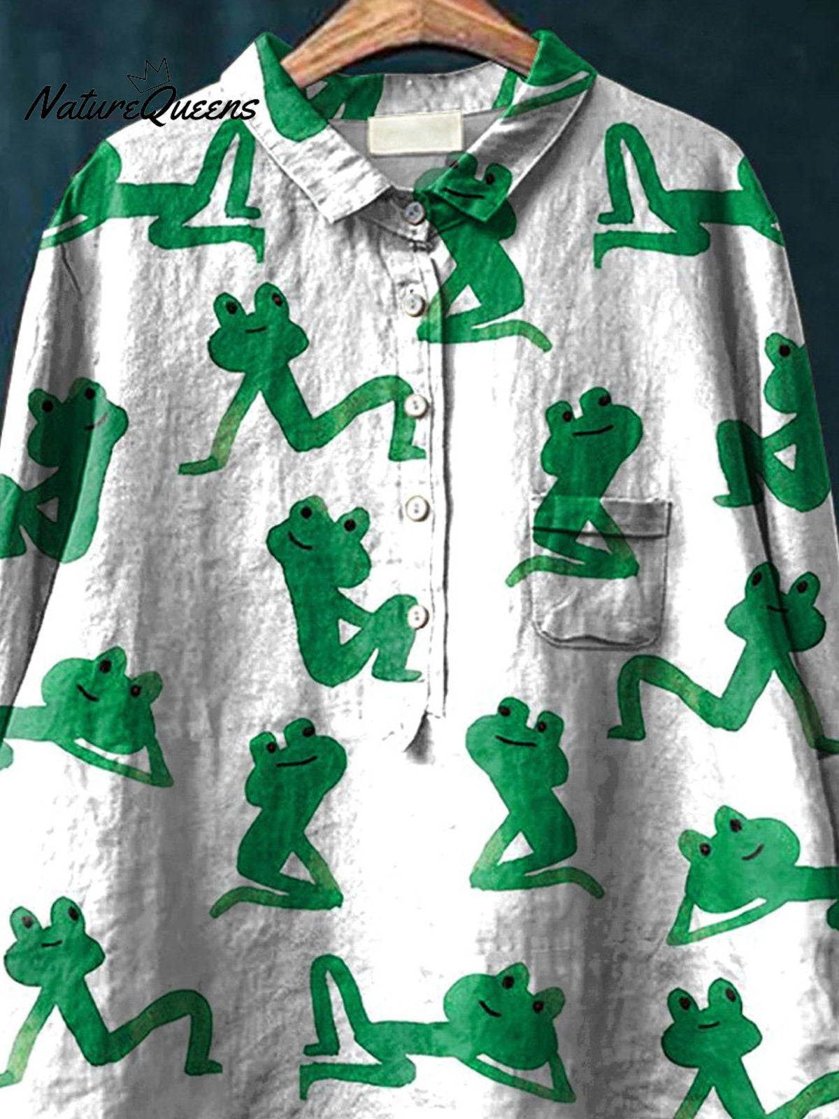 Little Green Frog Pattern Printed Women's Casual Cotton And Linen Shirt