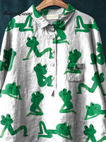 Little Green Frog Pattern Printed Women's Casual Cotton And Linen Shirt