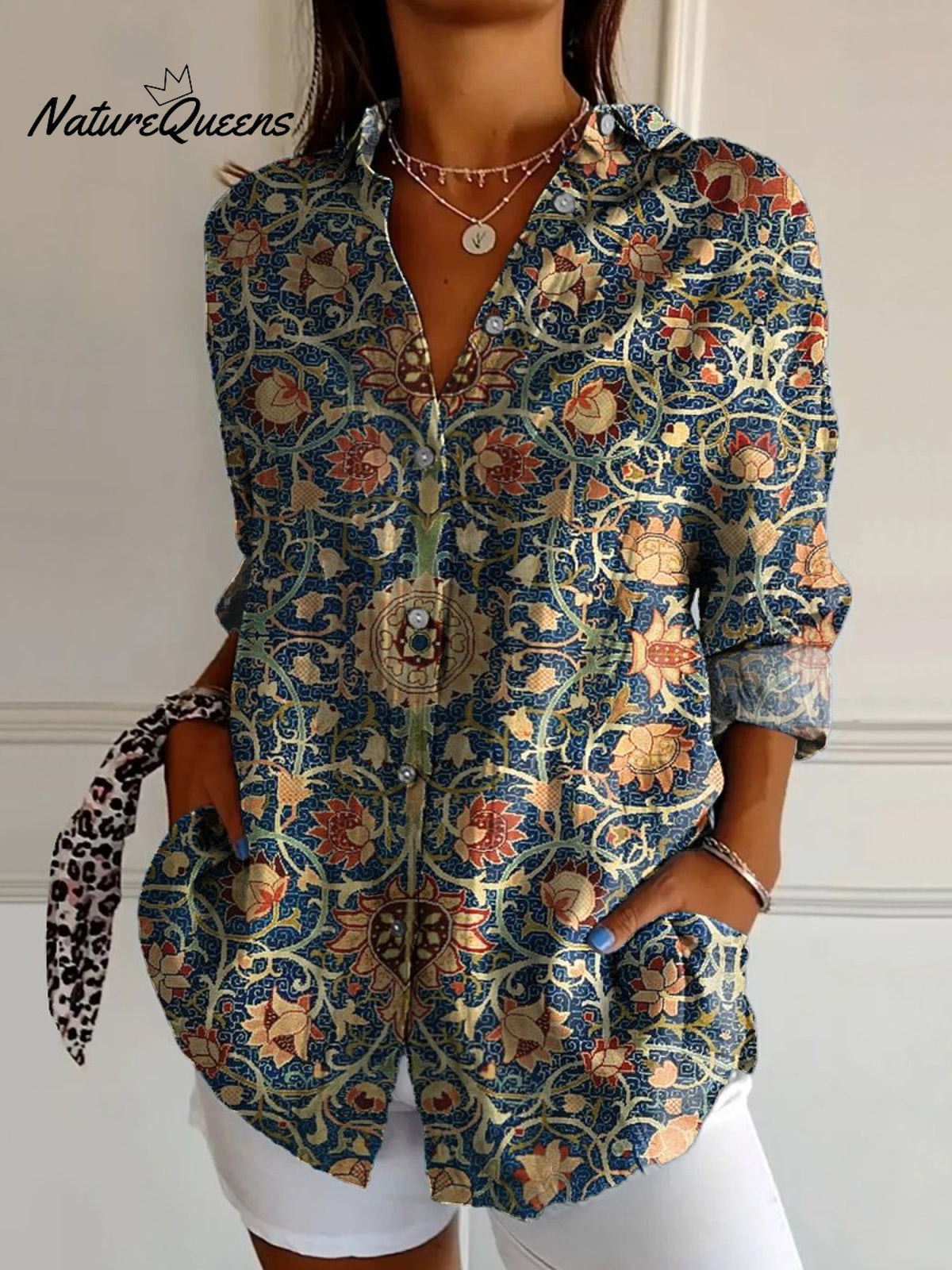 Ethnic Style Symmetrical Floral Pattern Printed Women's Casual Cotton Shirt