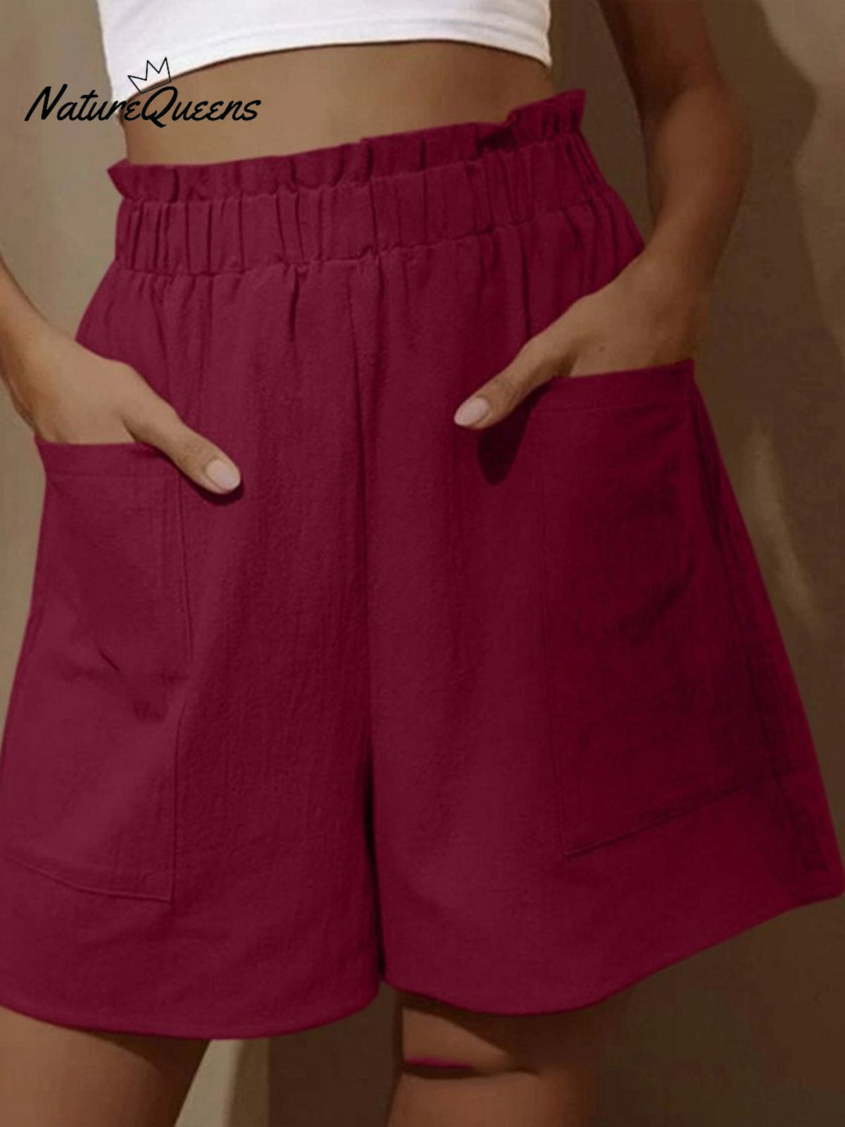 Cotton And Linen Wear High - Waisted Shorts With Buds Red / S