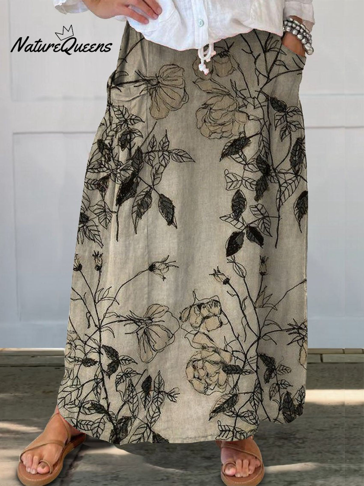 Women’s Retro Floral Art Linen Elastic Waistband Pocket Skirt Skirt01 / S