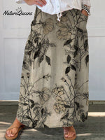 Women’s Retro Floral Art Linen Elastic Waistband Pocket Skirt Skirt01 / S